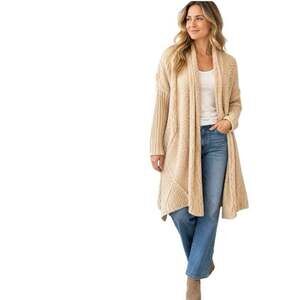 Eileen Fisher Mohair Linen Blend Oatmeal Open Front Long Knit Cardigan Sweater M